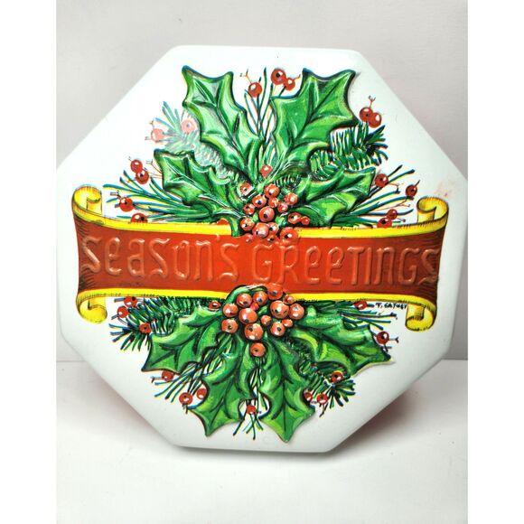 Vintage Ullman Co. “Seasons Greetings” Octagon Holiday Plastic Tin Holly - Picture 1 of 5